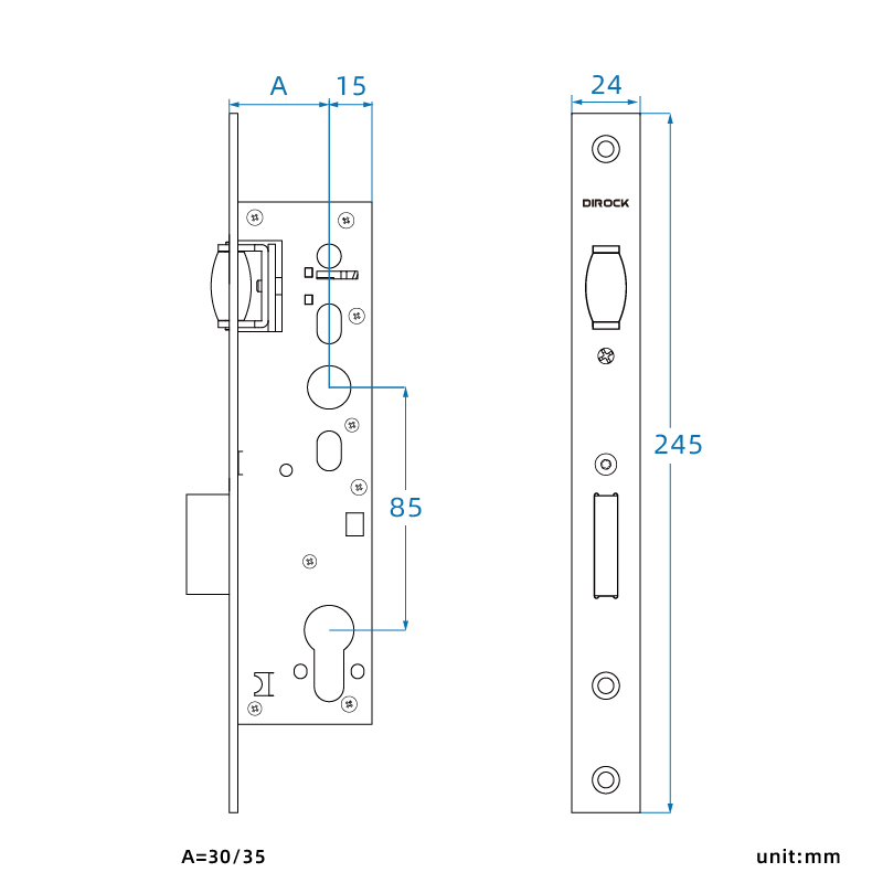 DIROCK Roller Latch Narrow Mortise Lock 85ZR Dimension