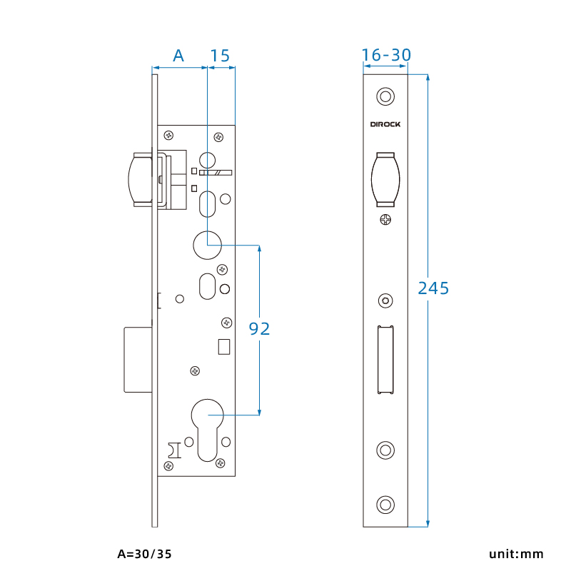 DIROCK 92ZR Roller Latch Narrow Mortise Lock Dimensions