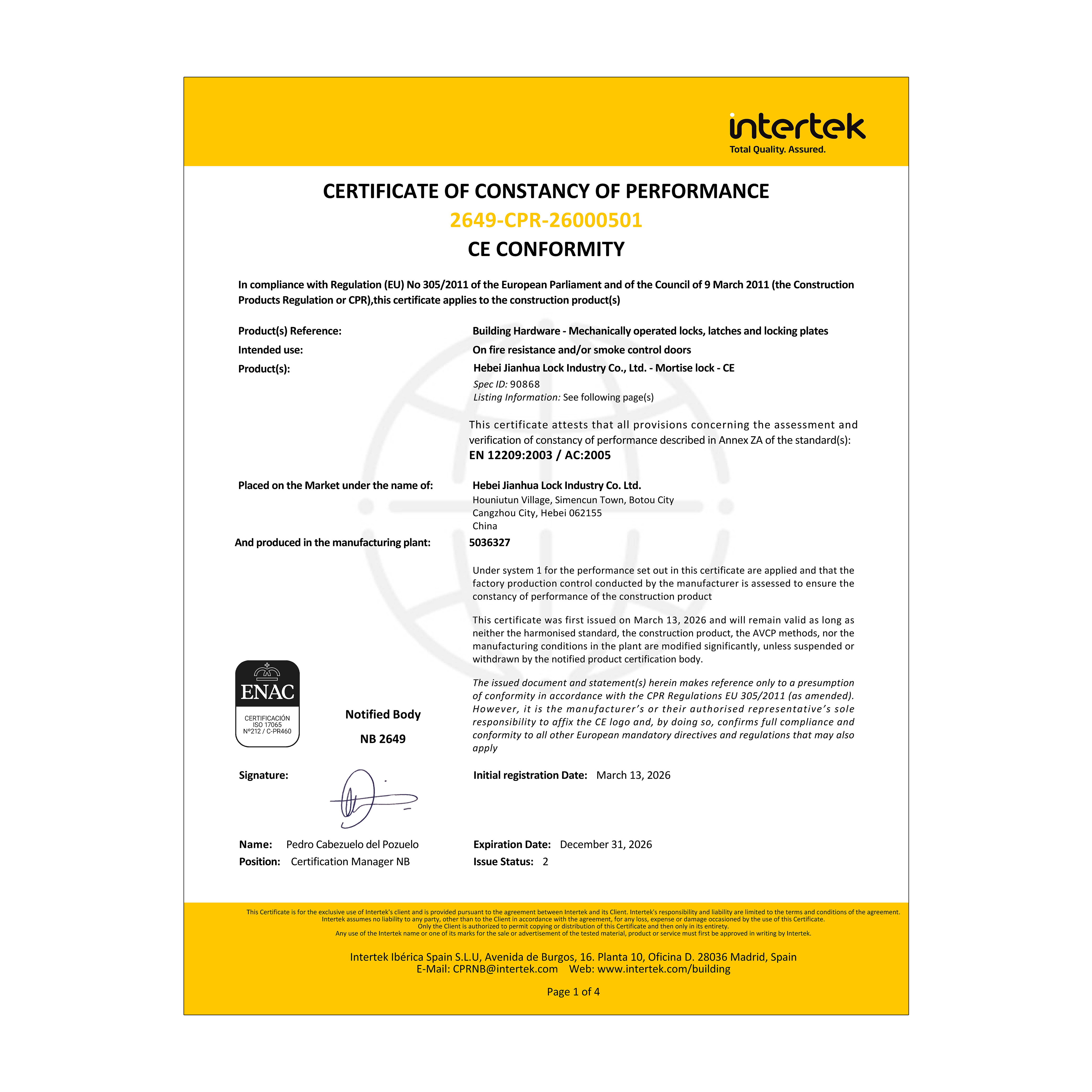 CE certificate of DIROCK EN12209 mortise lock