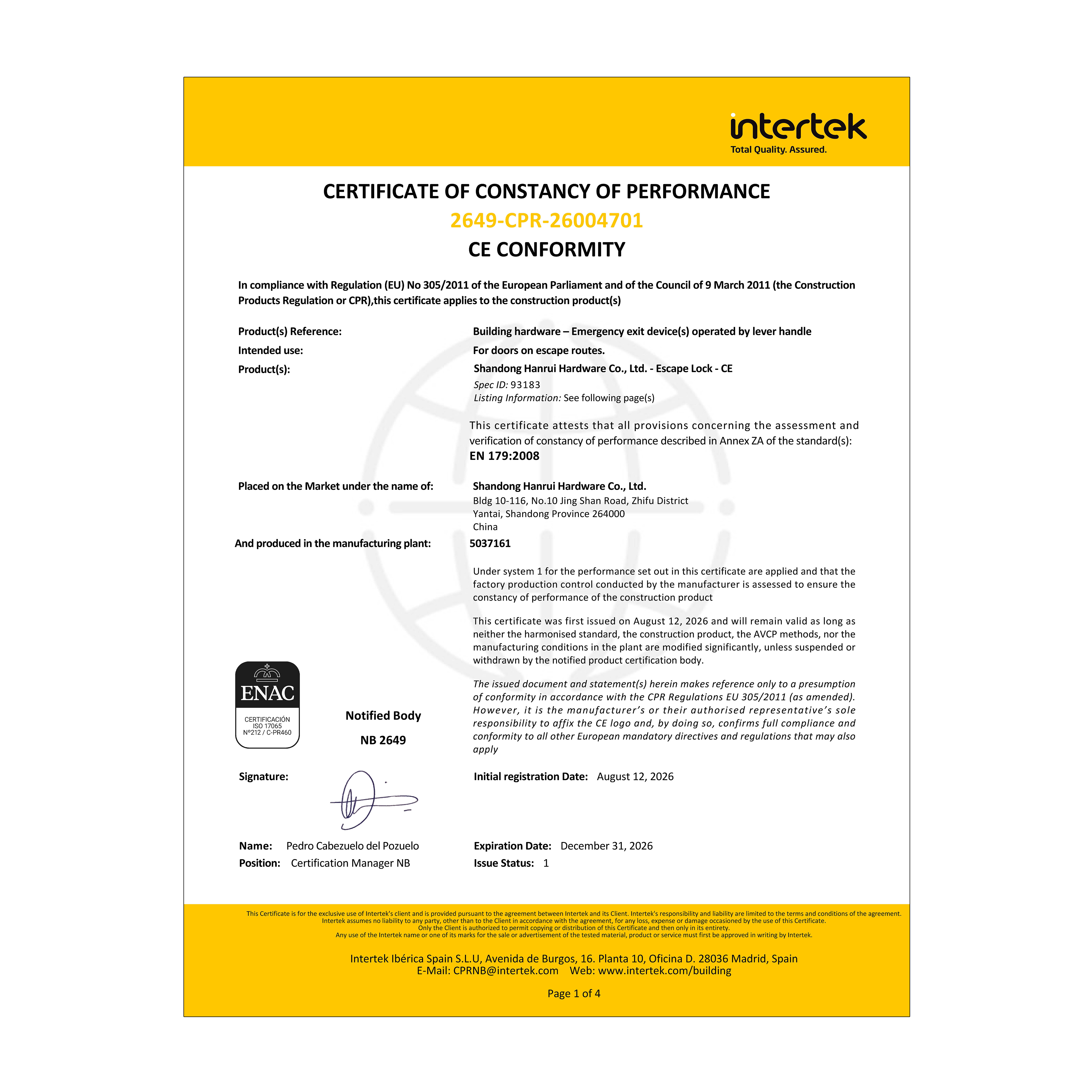 CE certificate of DIROCK EN179 mortise lock
