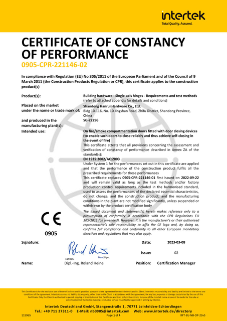 CE certificate of EN1935 single- axis hinge