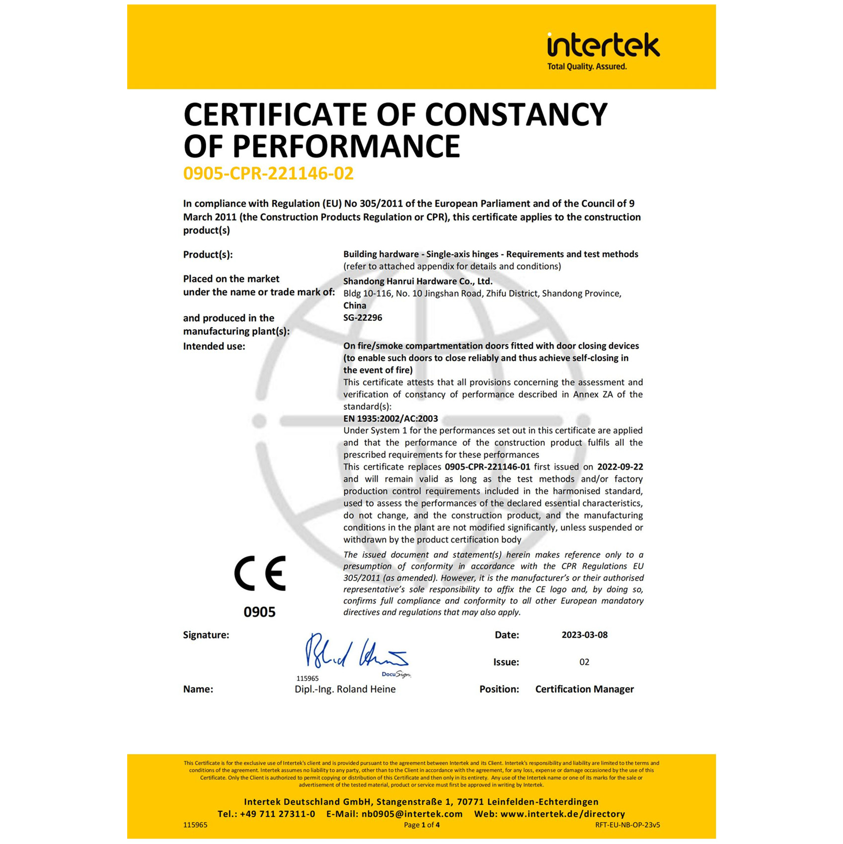 CE certificate of DIROCK stainless steel fire door hinge