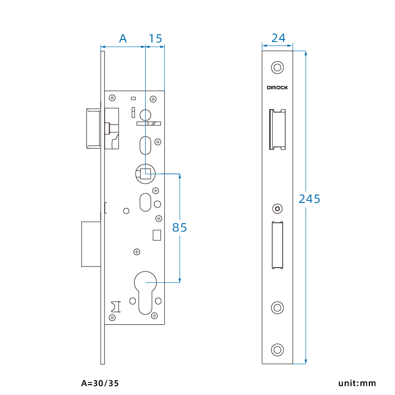 DIROCK narrow mortise frame lock 85Z dimension